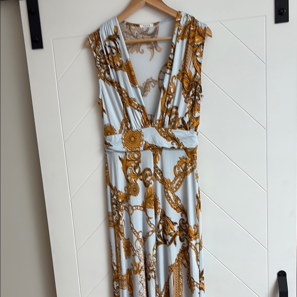 Vintage Yellow and White Plunge Neck Sleeveless Pantsuit